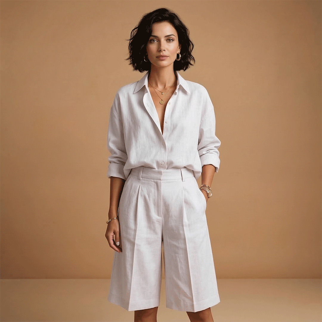 Soft women's long-sleeve shirt and high-waist shorts two-piece set, a comfortable relaxed-fit casual outfit.