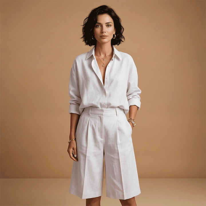 Soft women's long-sleeve shirt and high-waist shorts two-piece set, a comfortable relaxed-fit casual outfit.