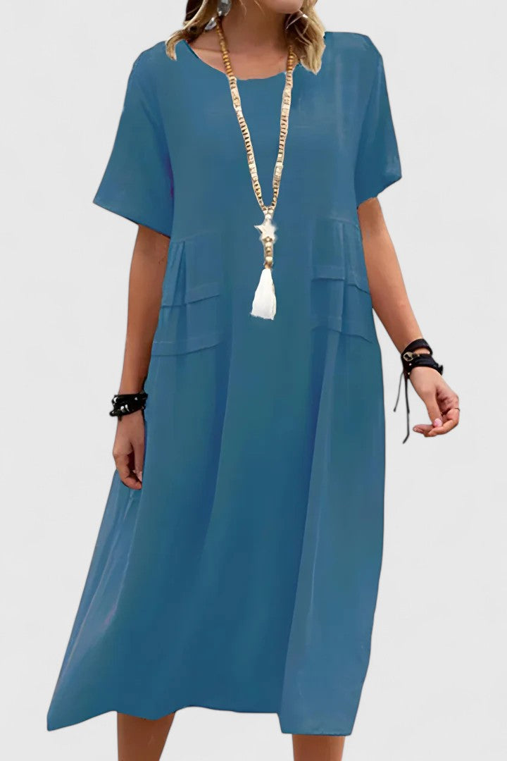 Versatile women's loose fit midi dress with practical pockets, great for casual everyday & summer.