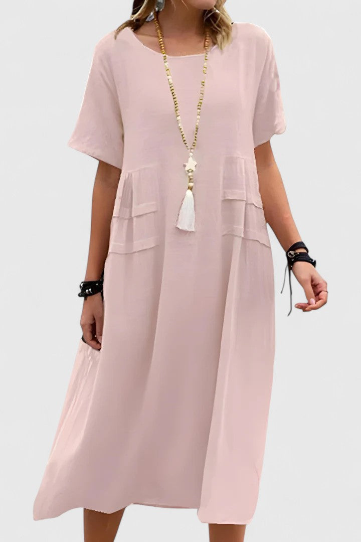 Stylish women's short sleeve midi dress, a loose fit design with pockets, perfect for summer casual outings.
