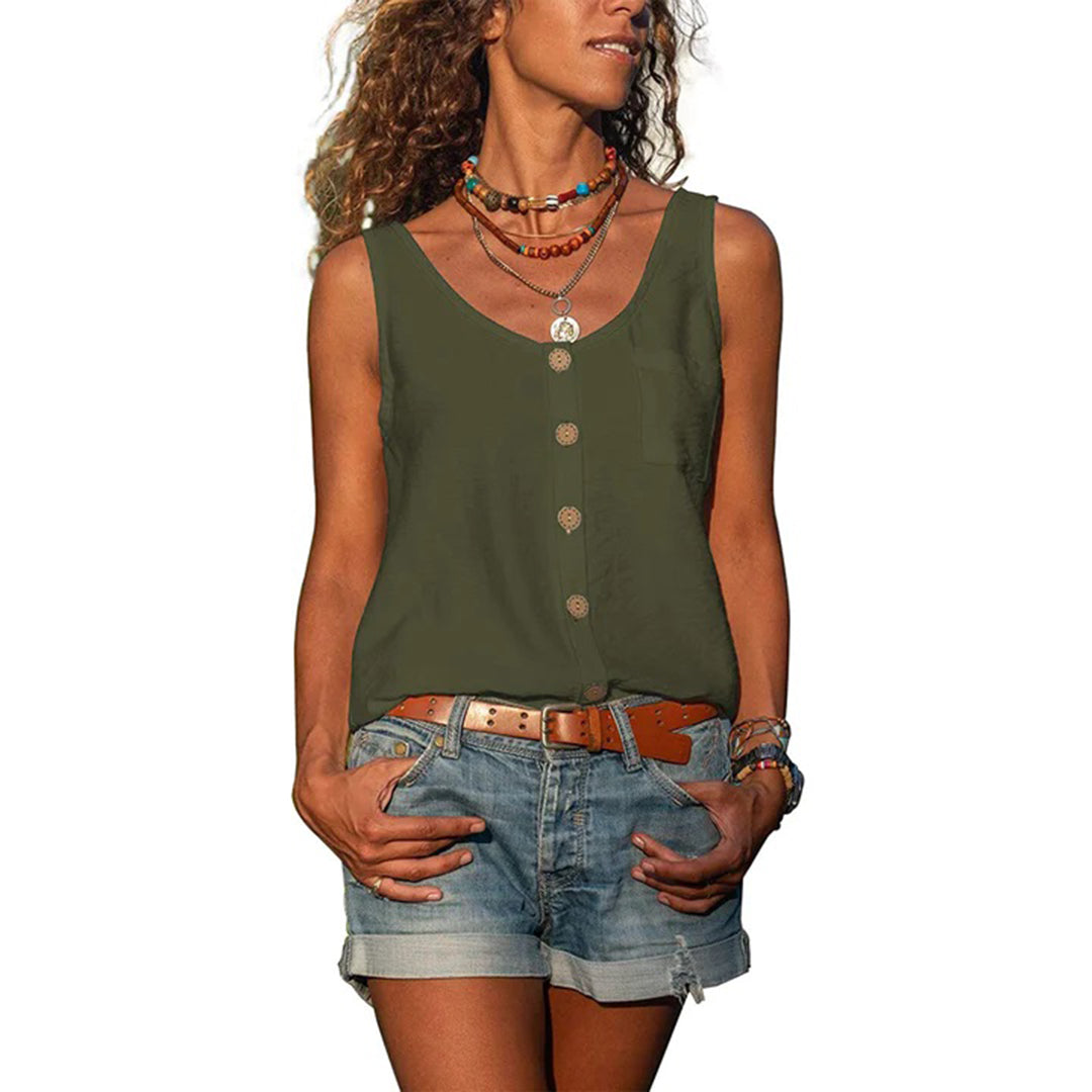 Versatile women's loose fit sleeveless top, great for casual wear or summer outfits. Everyday comfortable style.