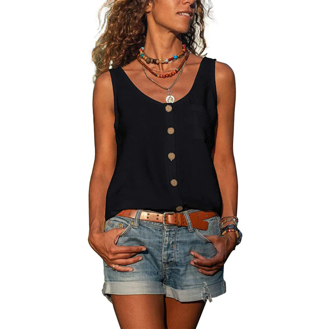 Relaxed women's sleeveless top, a comfortable loose fit blouse ideal for casual summer apparel and daily style.