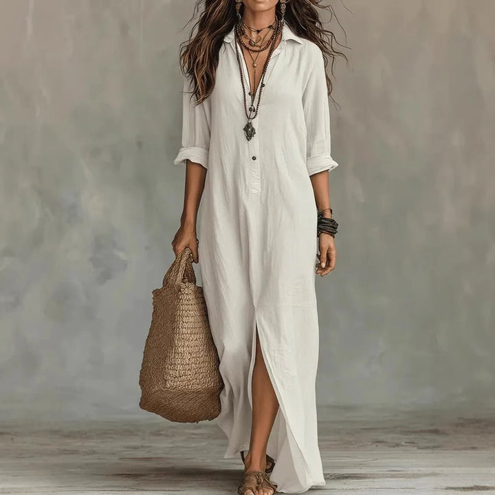 Women's casual maxi shirt dress with collar neck, three-quarter sleeves & side split, ideal for everyday.