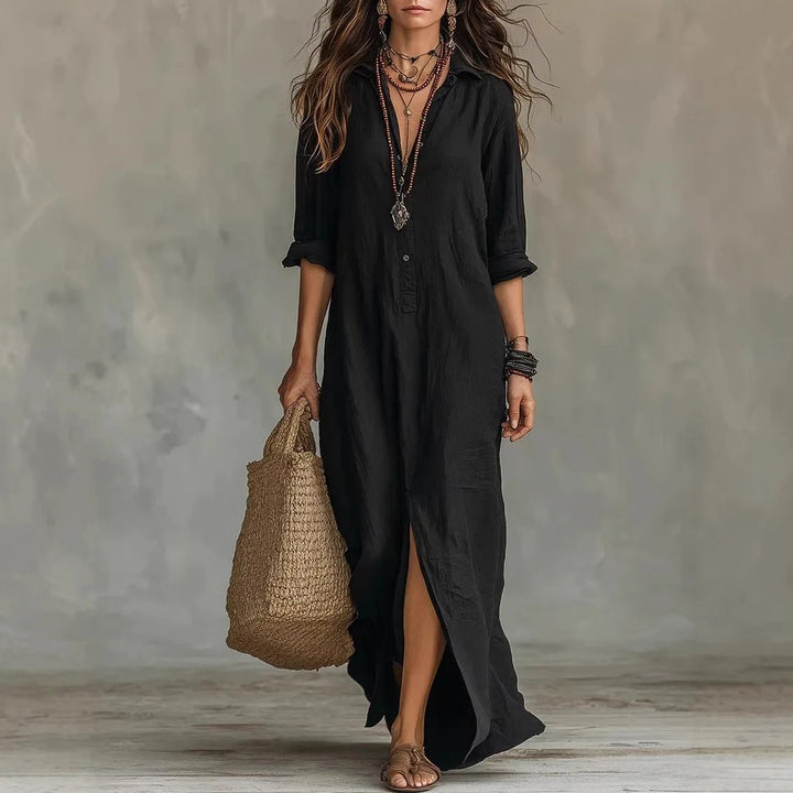Boho-style women's relaxed fit maxi dress with collar neck & side split, great for summer or beach.