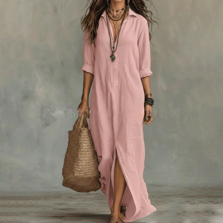 Versatile women's casual maxi dress with collar, side split; perfect as a summer dress, beach cover-up.