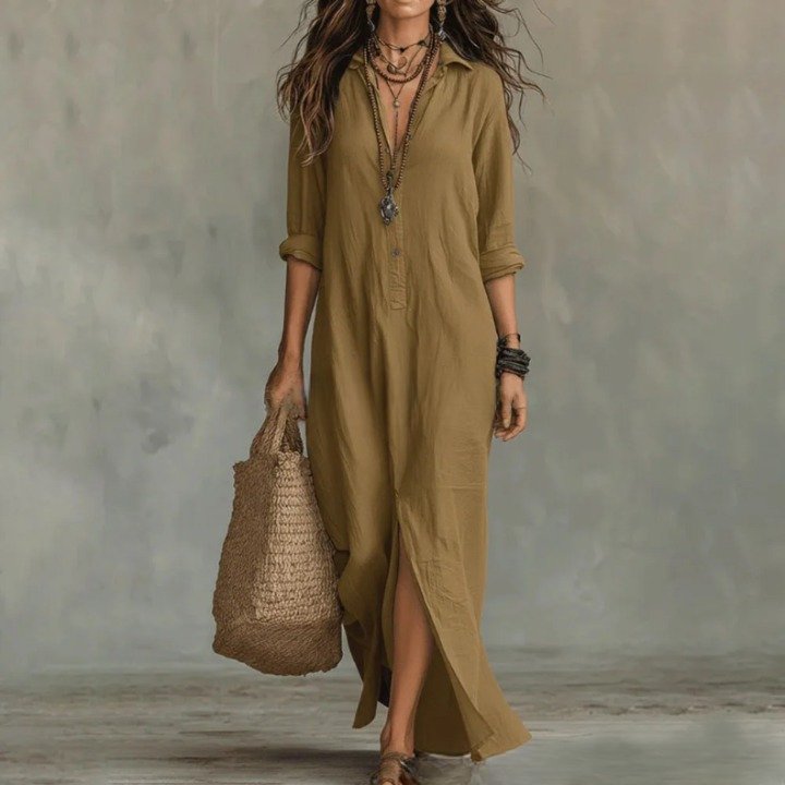Comfortable women's everyday maxi dress with collar neck & side split, a chic option for relaxed wear.