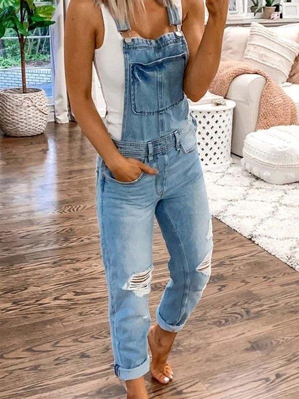 Stylish women's strappy jumpsuit featuring a trendy ripped design, ideal for a casual summer outfit.