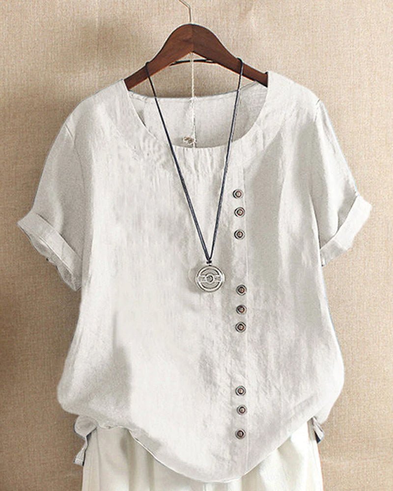 Relaxed fit women's short sleeve button-front top, chic and versatile for spring fashion.