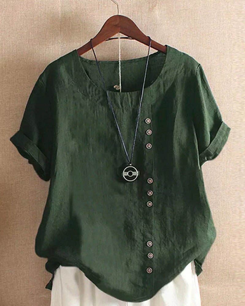 Soft fabric women's short sleeve blouse with full button placket, great for casual style.