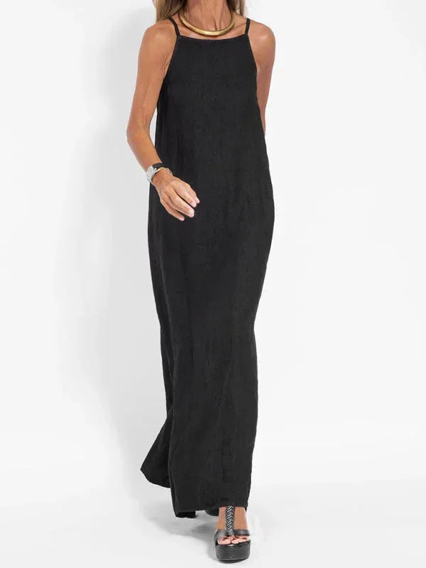 Women's casual flowy maxi dress, sleeveless with a chic side slit, perfect for vacation & warm days.