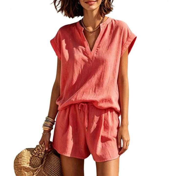 Trendy women's casual summer shorts co-ord set with a chic notch V-neck & cap sleeves.