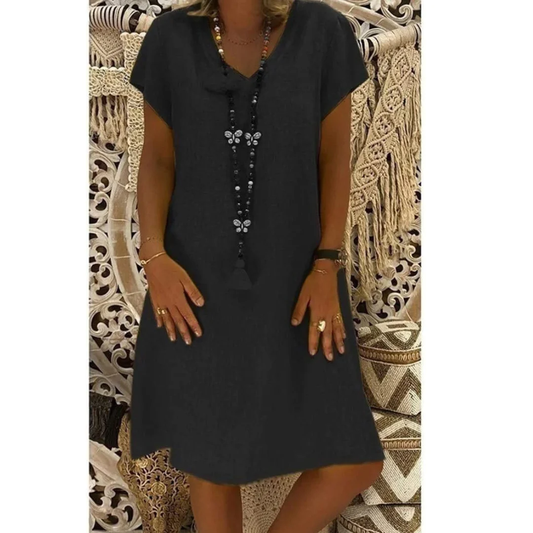 Flowy multi-color women's summer dress, relaxed fit plus size for comfortable casual wear.