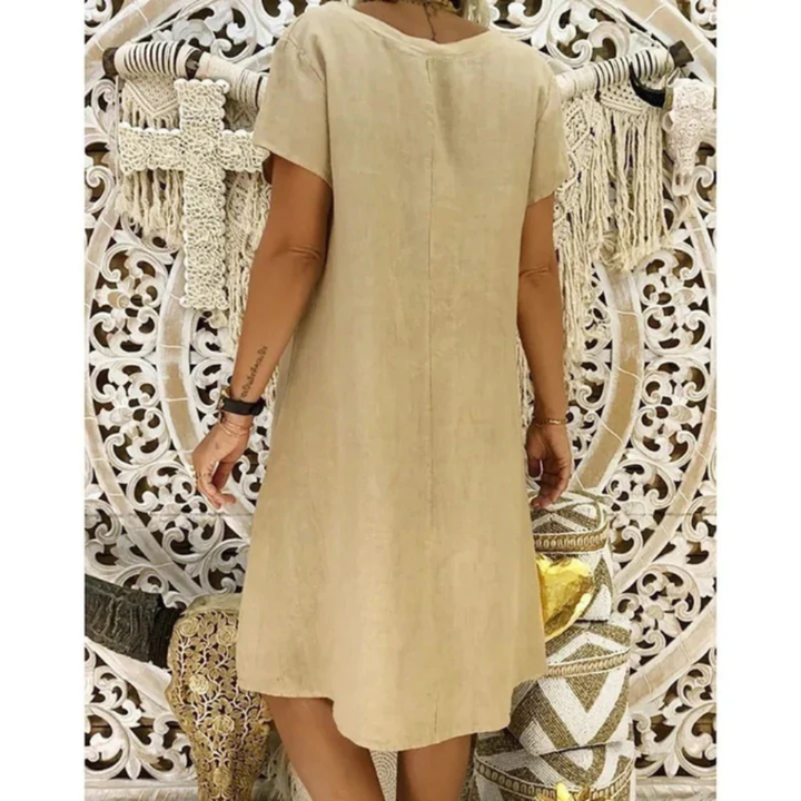 Multi-color flowy women's casual summer dress, relaxed fit, comfortable plus size for summer.
