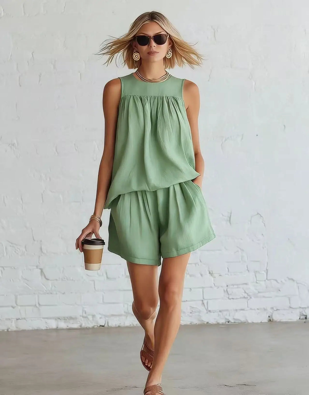 Stylish women's casual shorts & gathered top set. Comfortable, relaxed fit for summer vacation & everyday wear.