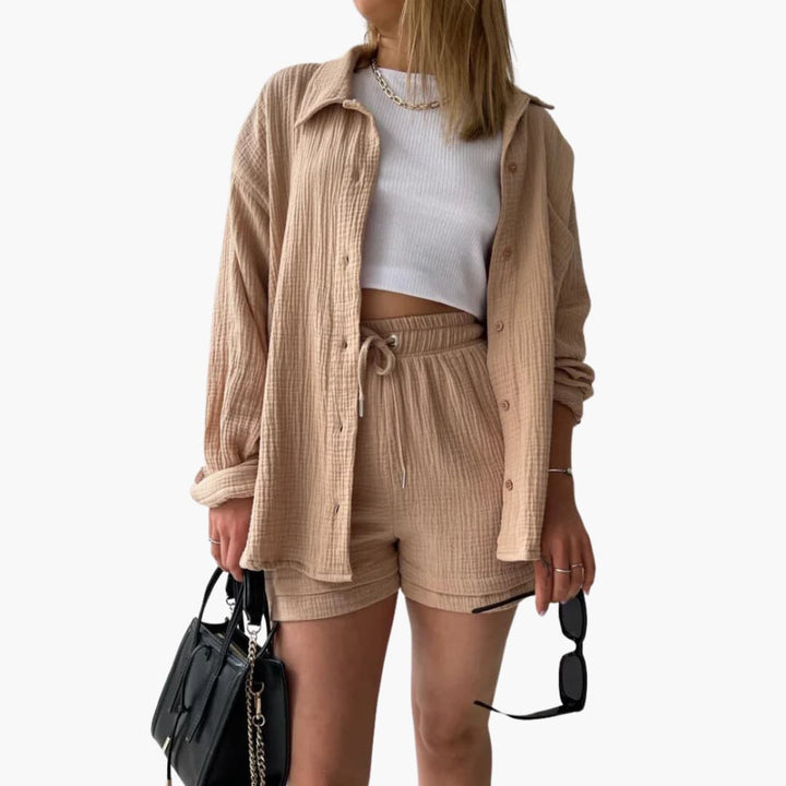 Women's casual two-piece summer outfit. Lightweight, breathable fabric.