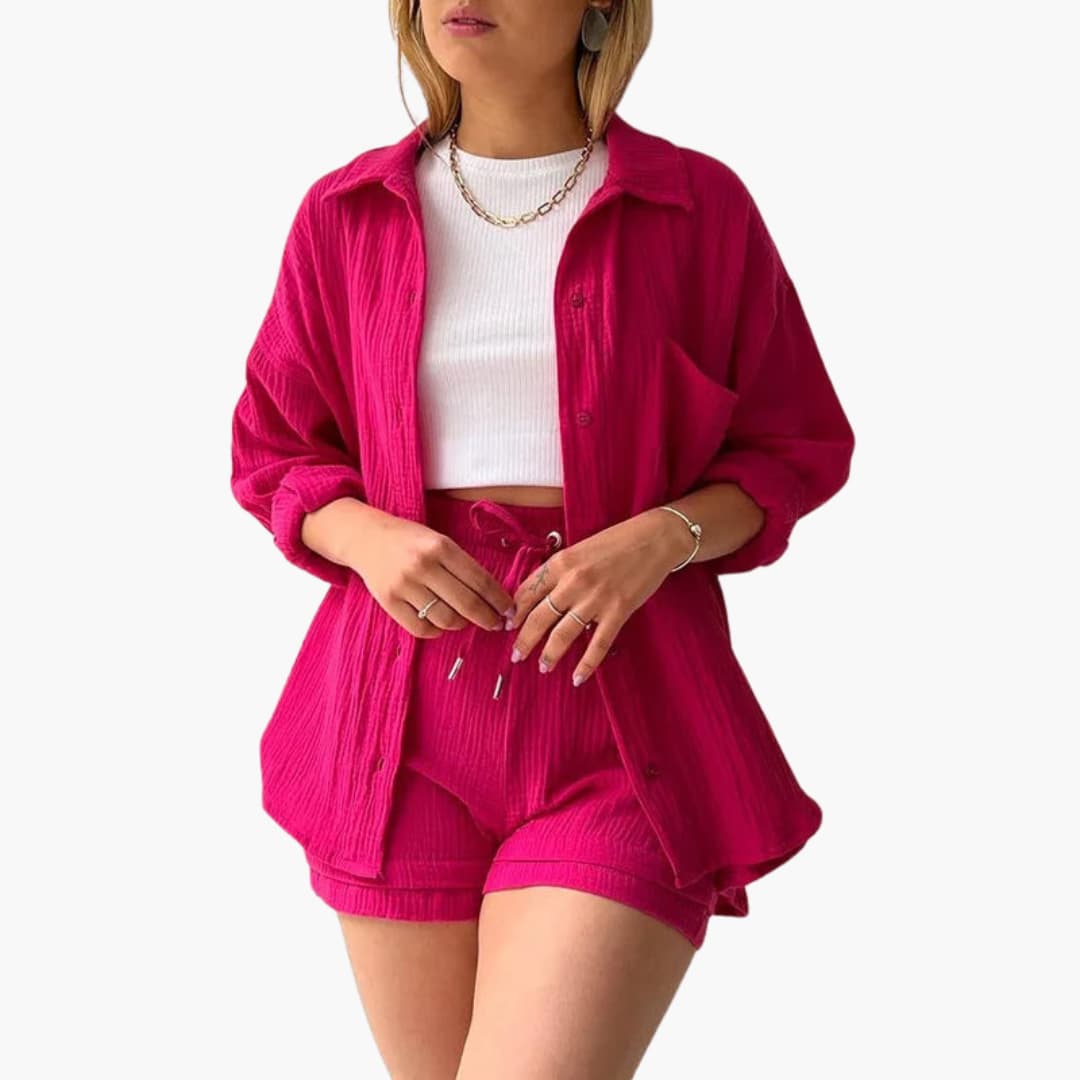 Colorful women's summer two-piece outfit. Relaxed fit, perfect for vacation.