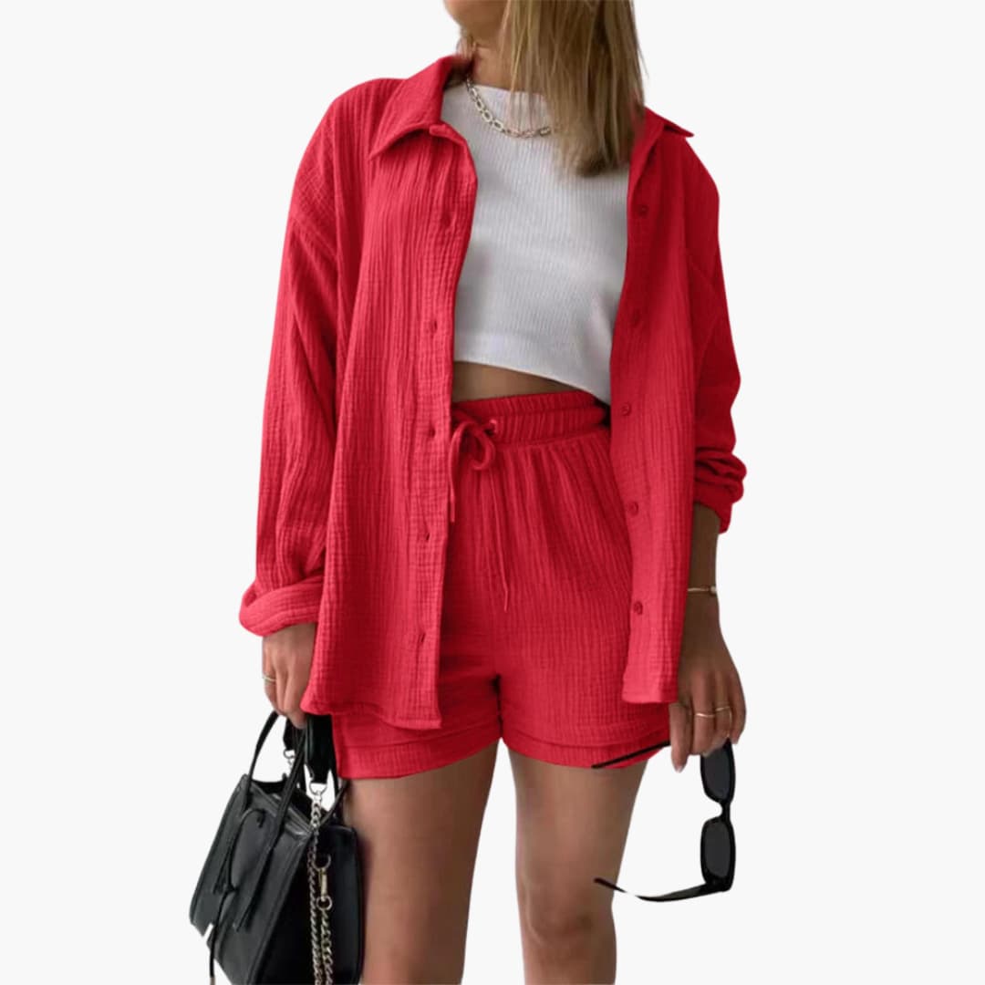 Soft fabric women's matching set. Casual and lightweight for summer fashion.
