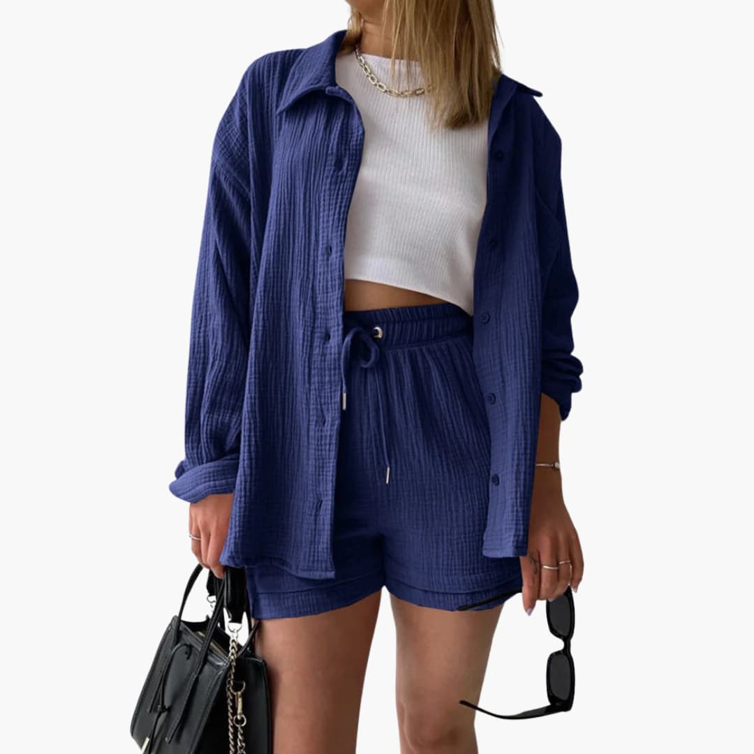 Vibrant women's matching two-piece. Breathable fabric for sunny summer days.
