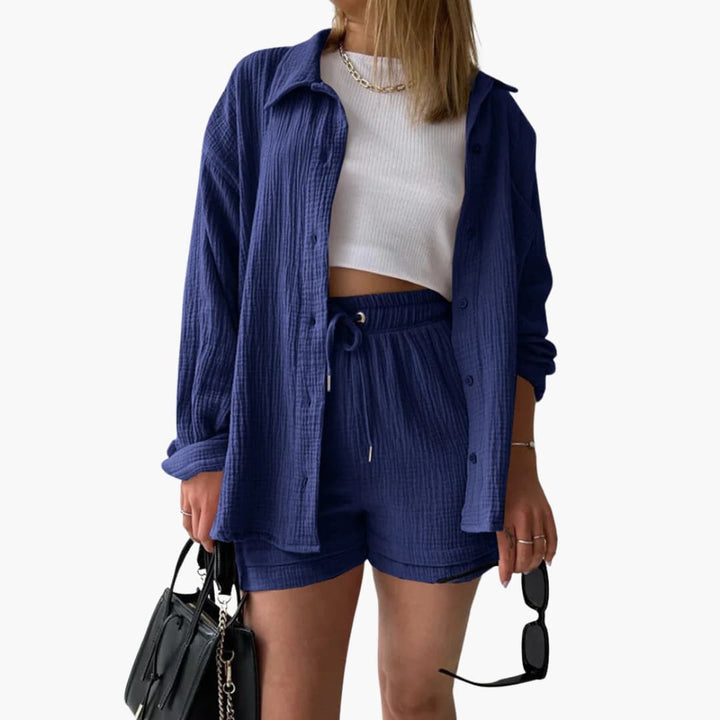 Vibrant women's matching two-piece. Breathable fabric for sunny summer days.