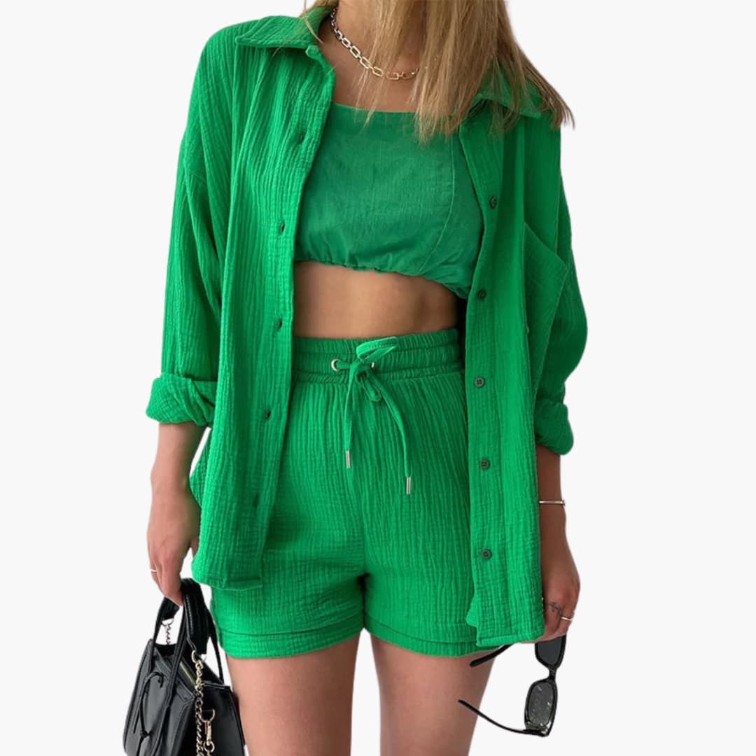 Relaxed fit women's two-piece apparel. Breathable fabric for summer comfort.