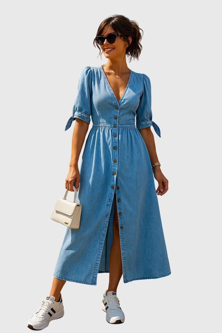 Women's casual V-neck button front tie sleeve midi dress in a flattering summer style, perfect for vacation.