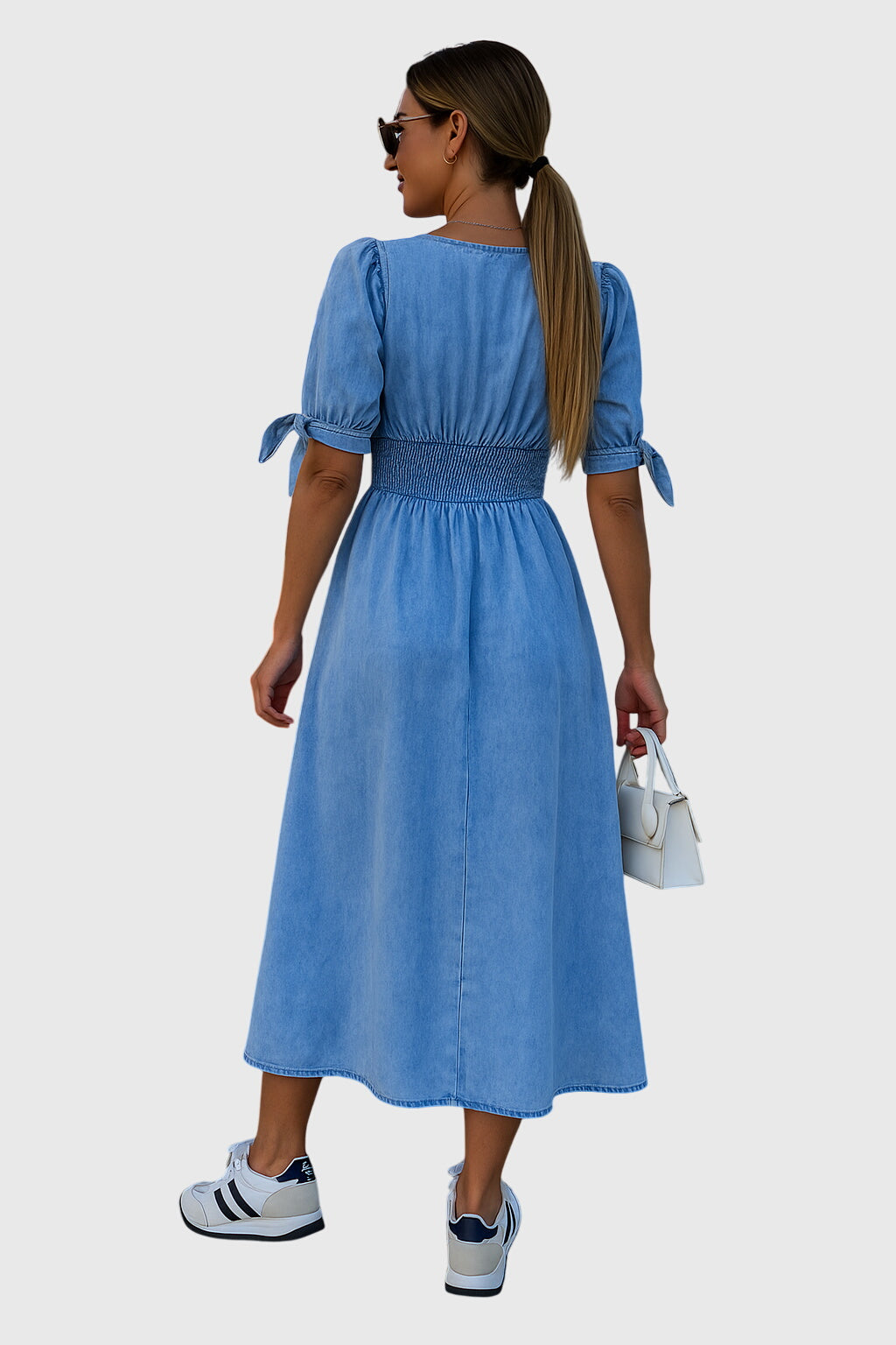 Elegant women's midi dress with V-neck, button front & stylish tie sleeves. Comfortable spring fashion, day dress.