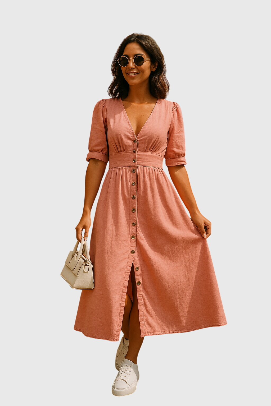 Boho chic V-neck midi dress for women, featuring a button front and tie sleeves. Ideal for casual spring & summer.