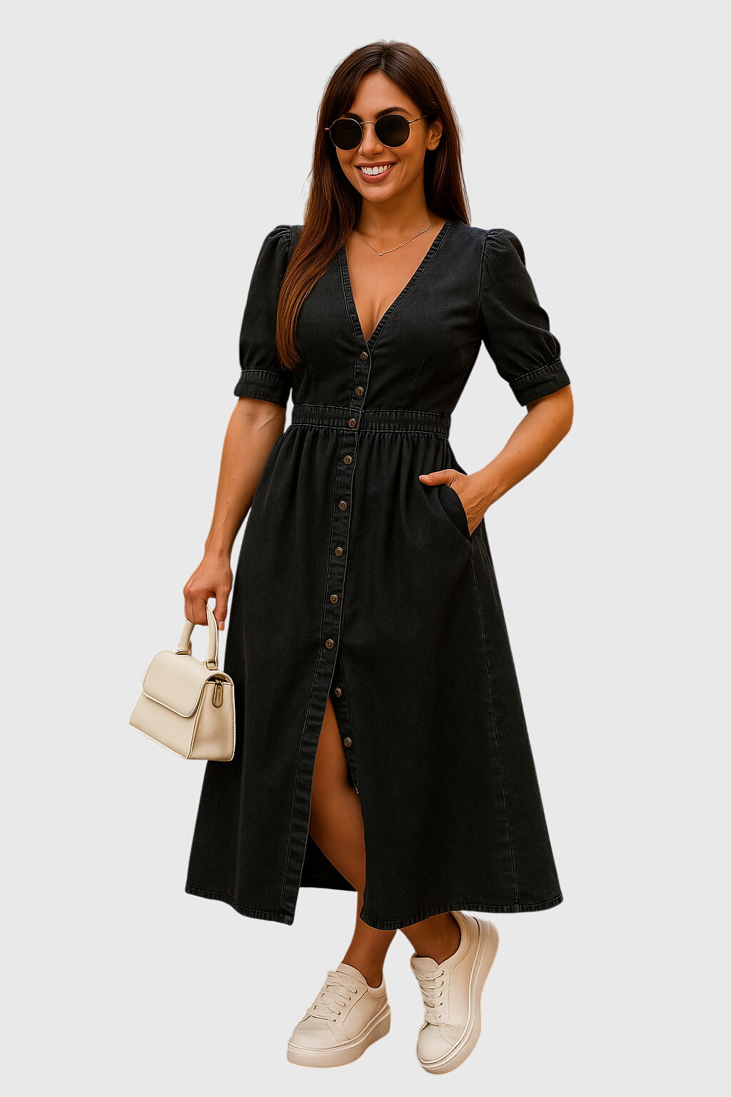 Comfortable women's V-neck midi dress with button front and tie sleeves, great for casual day wear or vacation.