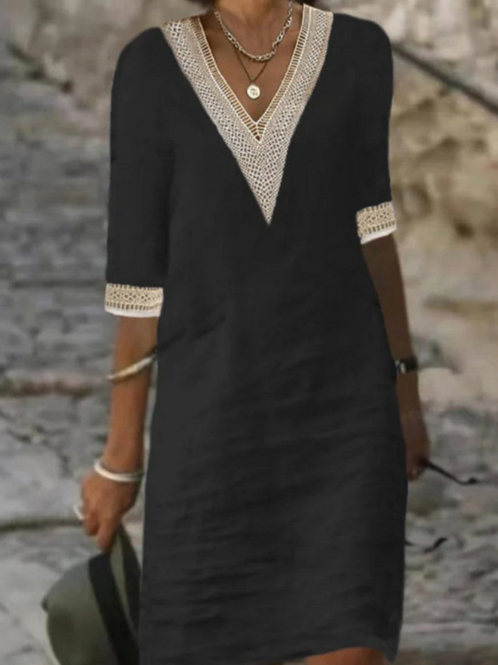 Elegant & versatile women's V-neck dress with intricate lace detail, ideal for everyday casual wear.