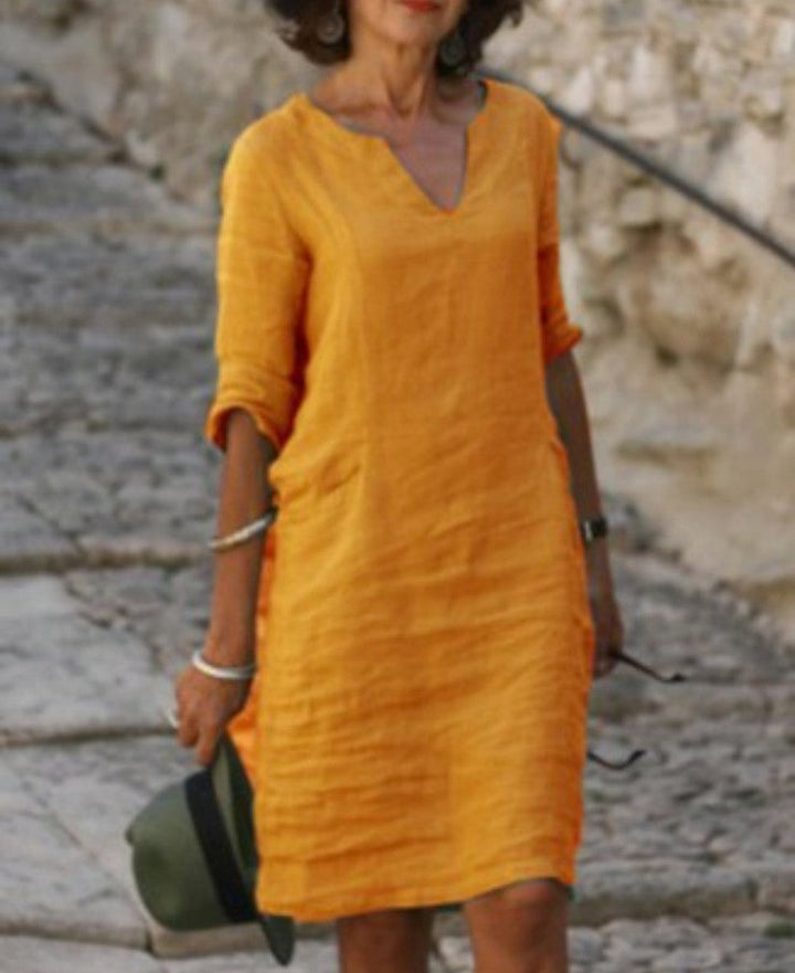 Everyday women's midi dress with V-neckline, designed for ultimate comfort and relaxed style.