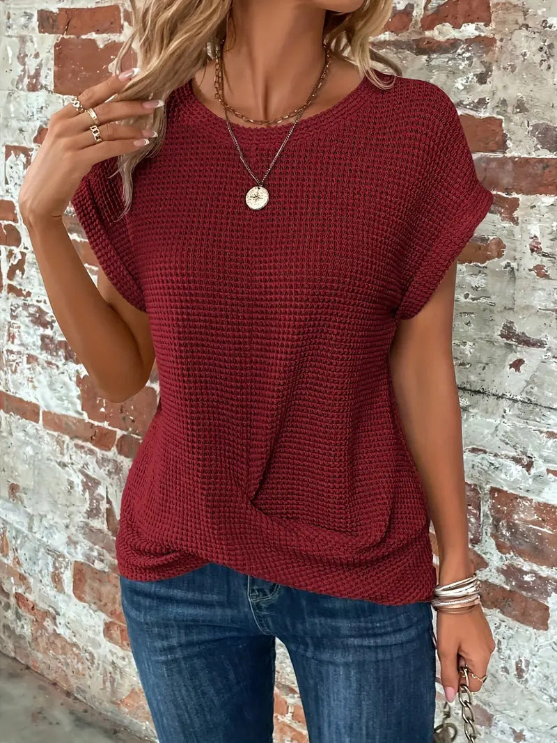 Comfortable women's casual short-sleeve waffle knit top with a relaxed fit, great for daily wear.