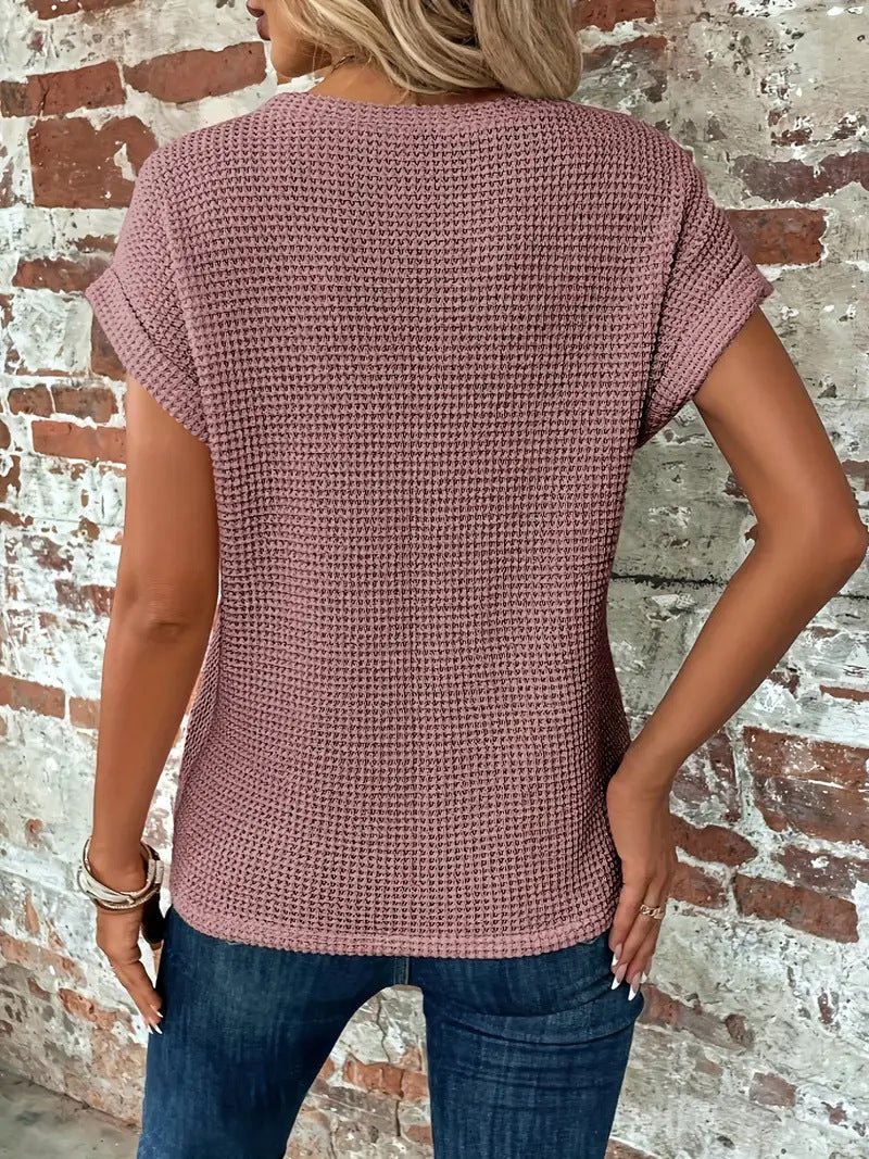 Easy-to-layer women's casual waffle knit short sleeve top, a versatile piece for relaxed spring & autumn.