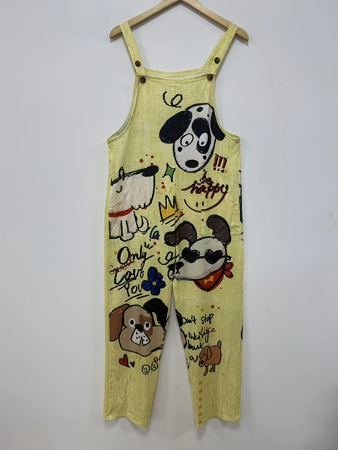 Front view of a women's casual wide-leg jumpsuit with a charming cartoon dog graphic print.