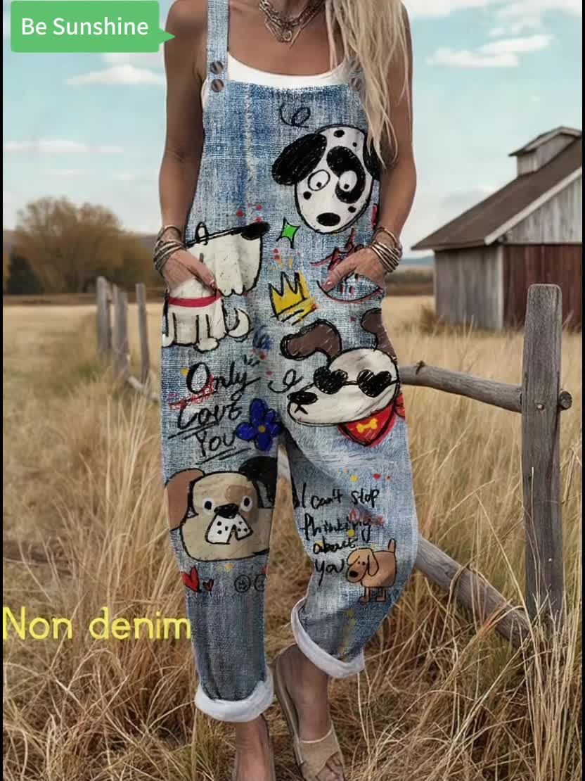 Back view of a women's comfortable wide-leg jumpsuit with cartoon dog print, showing adjustable straps.