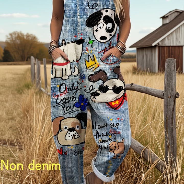Woman posing in a stylish wide-leg cartoon dog print jumpsuit, perfect for a playful summer look.