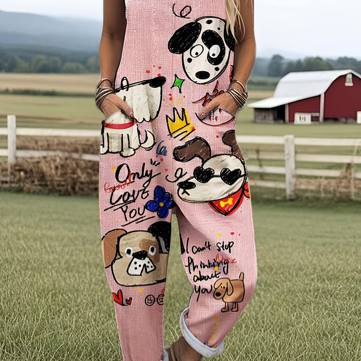Soft fabric texture of a women's casual wide-leg jumpsuit with a fun cartoon dog graphic print.