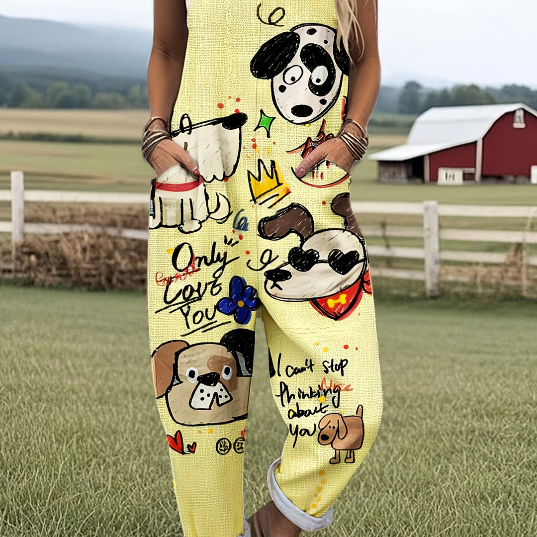 Women's casual blue jumpsuit, wide-leg, with adjustable straps & cute cartoon dog graphic print.