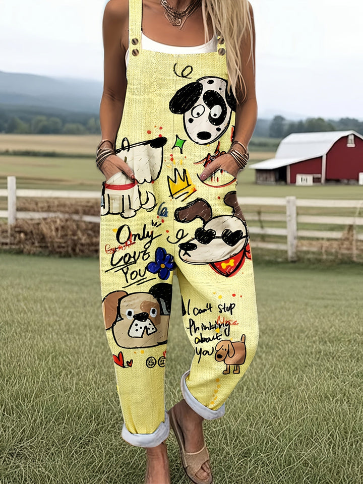 Comfortable women's blue wide-leg jumpsuit featuring a fun cartoon dog print, perfect for summer.