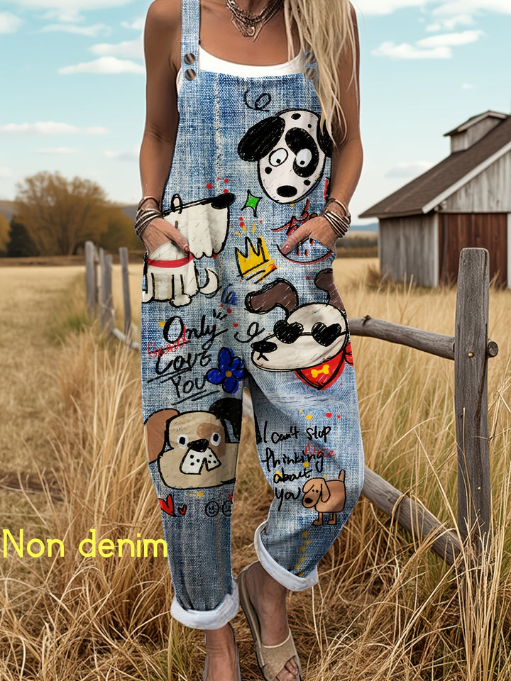 Pink women's casual jumpsuit with adjustable straps & cute cartoon dog graphic print. Everyday wear.