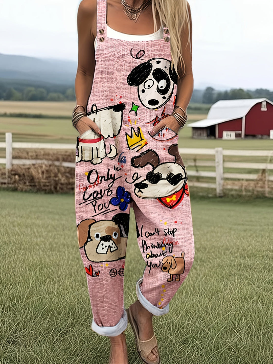 Yellow women's wide-leg jumpsuit with a playful cartoon dog print, comfortable & adjustable.