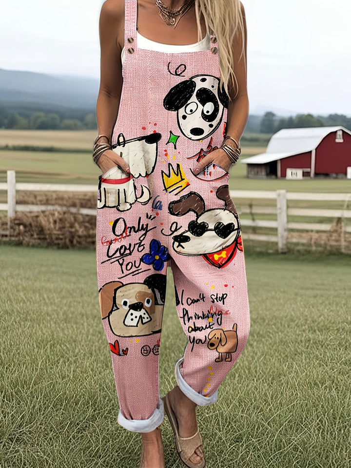 Yellow women's wide-leg jumpsuit with a playful cartoon dog print, comfortable & adjustable.