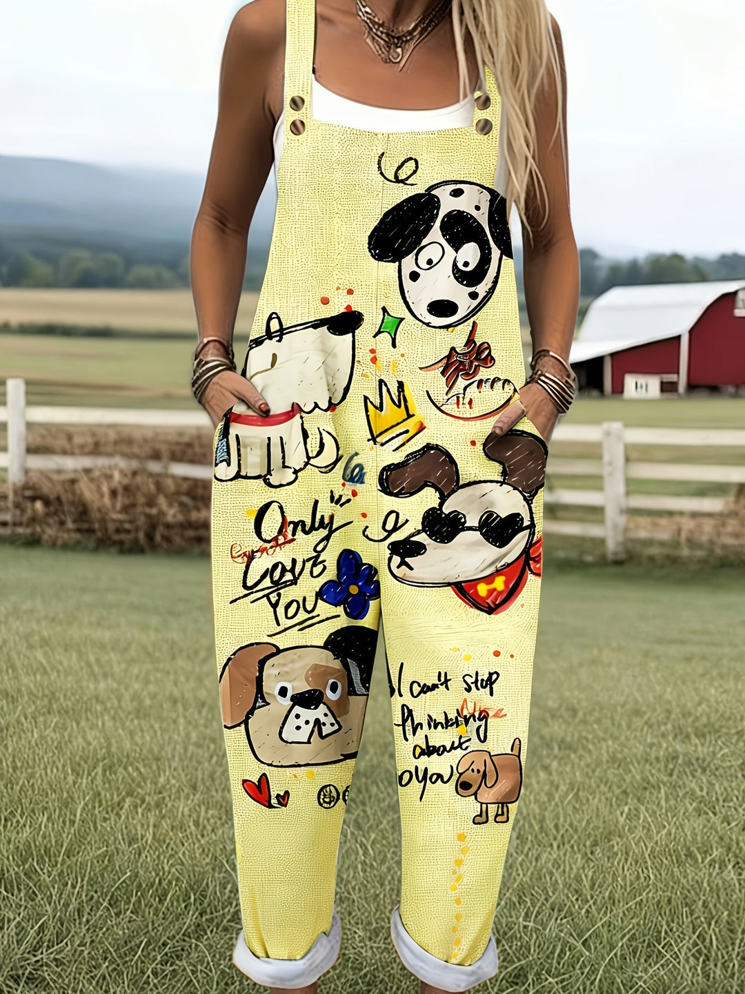 Adjustable strap detail on a women's comfortable wide-leg jumpsuit with a cartoon dog print.