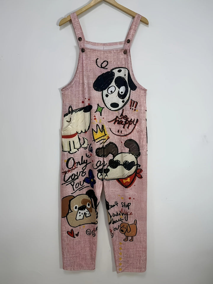 Full-length view of a woman wearing a blue cartoon dog print wide-leg casual jumpsuit for summer.