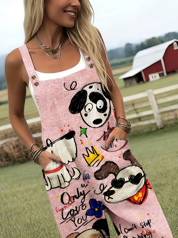 Comfortable women's yellow wide-leg jumpsuit featuring cartoon dog print, ideal for casual everyday wear.