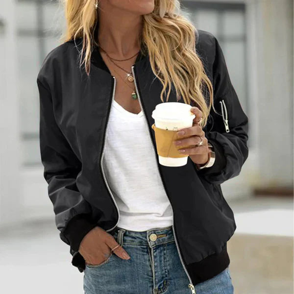 Women's casual zip-up bomber jacket in black, a stylish outerwear perfect for fall fashion.