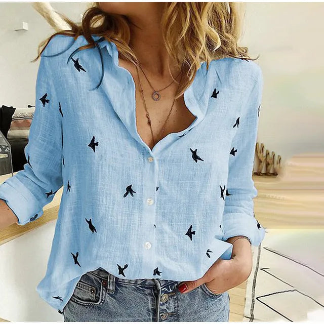 Women's charming bird print button-up blouse, long sleeve, relaxed fit. Perfect for spring & summer casual wear.