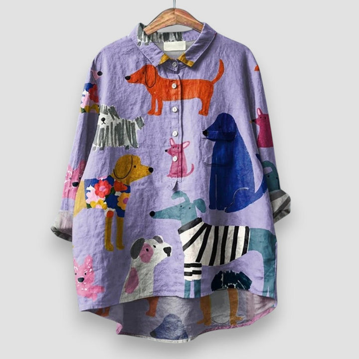 Women's charming dog print long sleeve blouse with button-front closure, perfect for casual or office wear.
