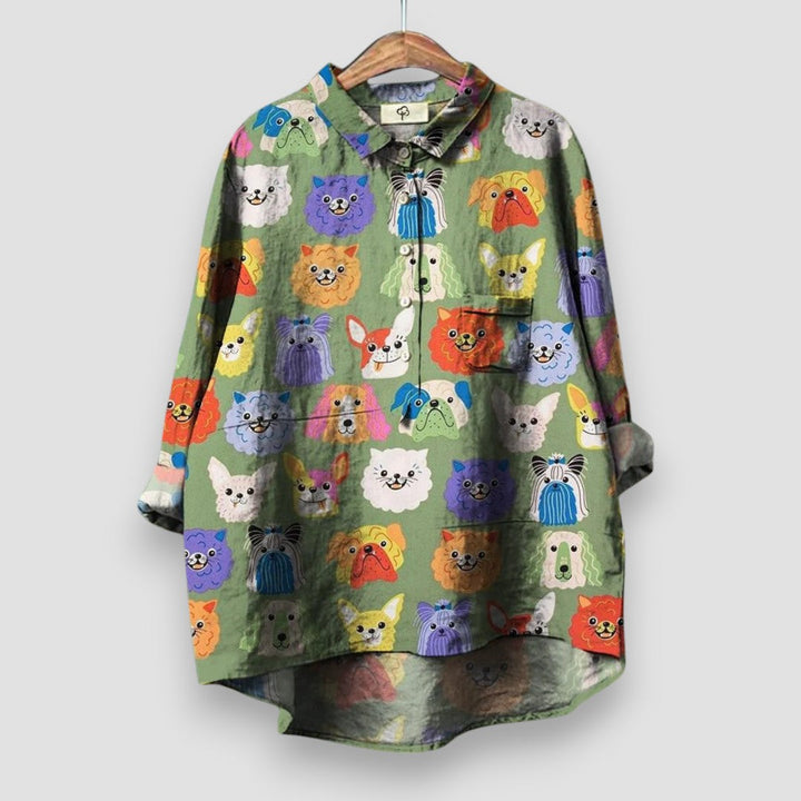 Elegant women's long sleeve blouse featuring a delightful dog print, button-front, and classic collar for daily wear.