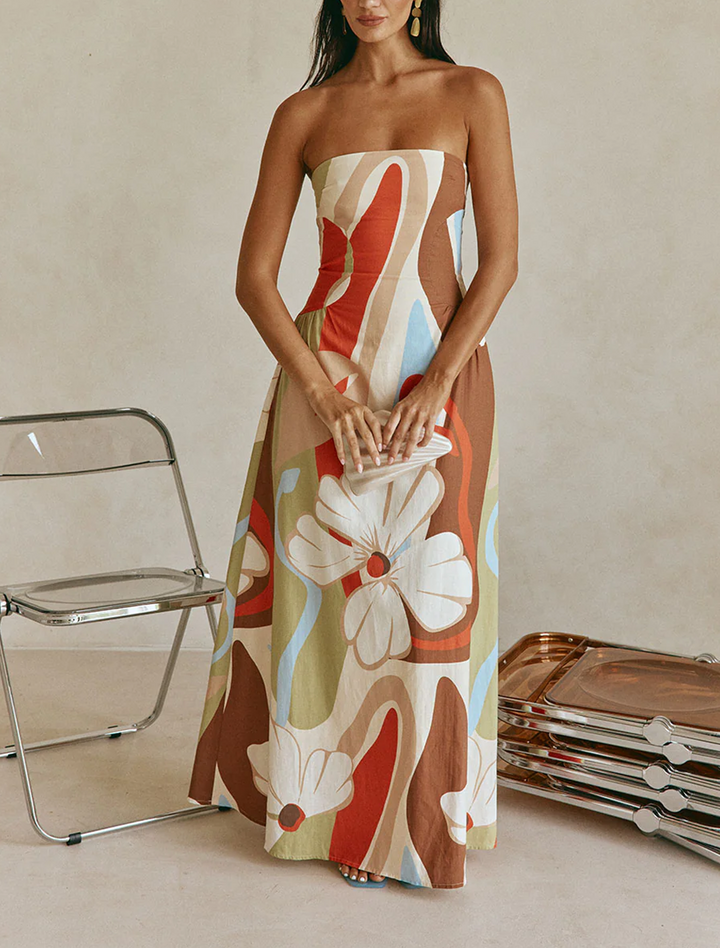 Elegant women's beige floral maxi dress with strapless design. Chic A-line summer style, great for resort & vacation.