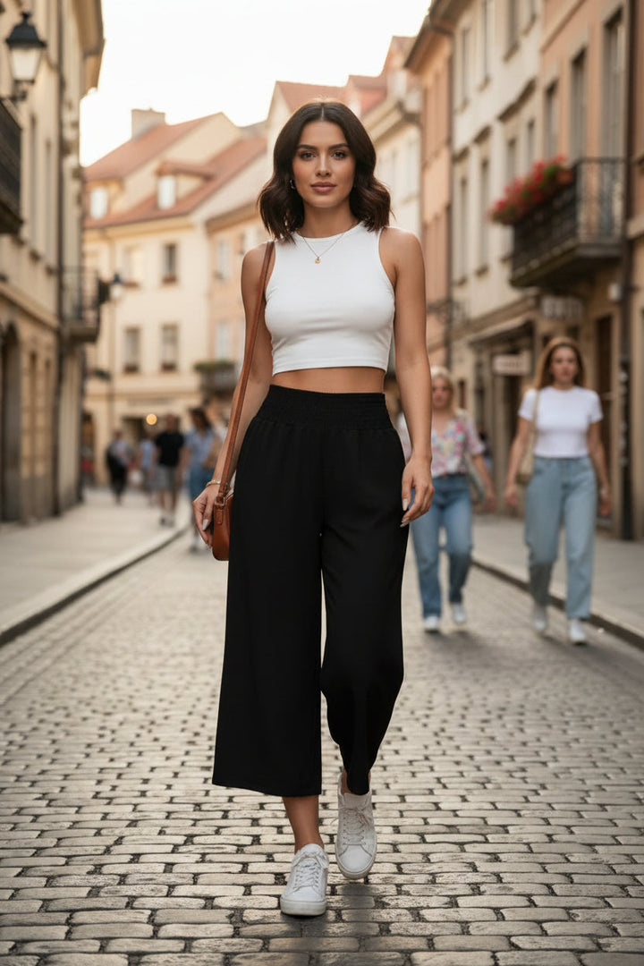 Effortless women's wide leg cropped pants, a stylish bottom for summer fashion, comfort, and versatile outfits.